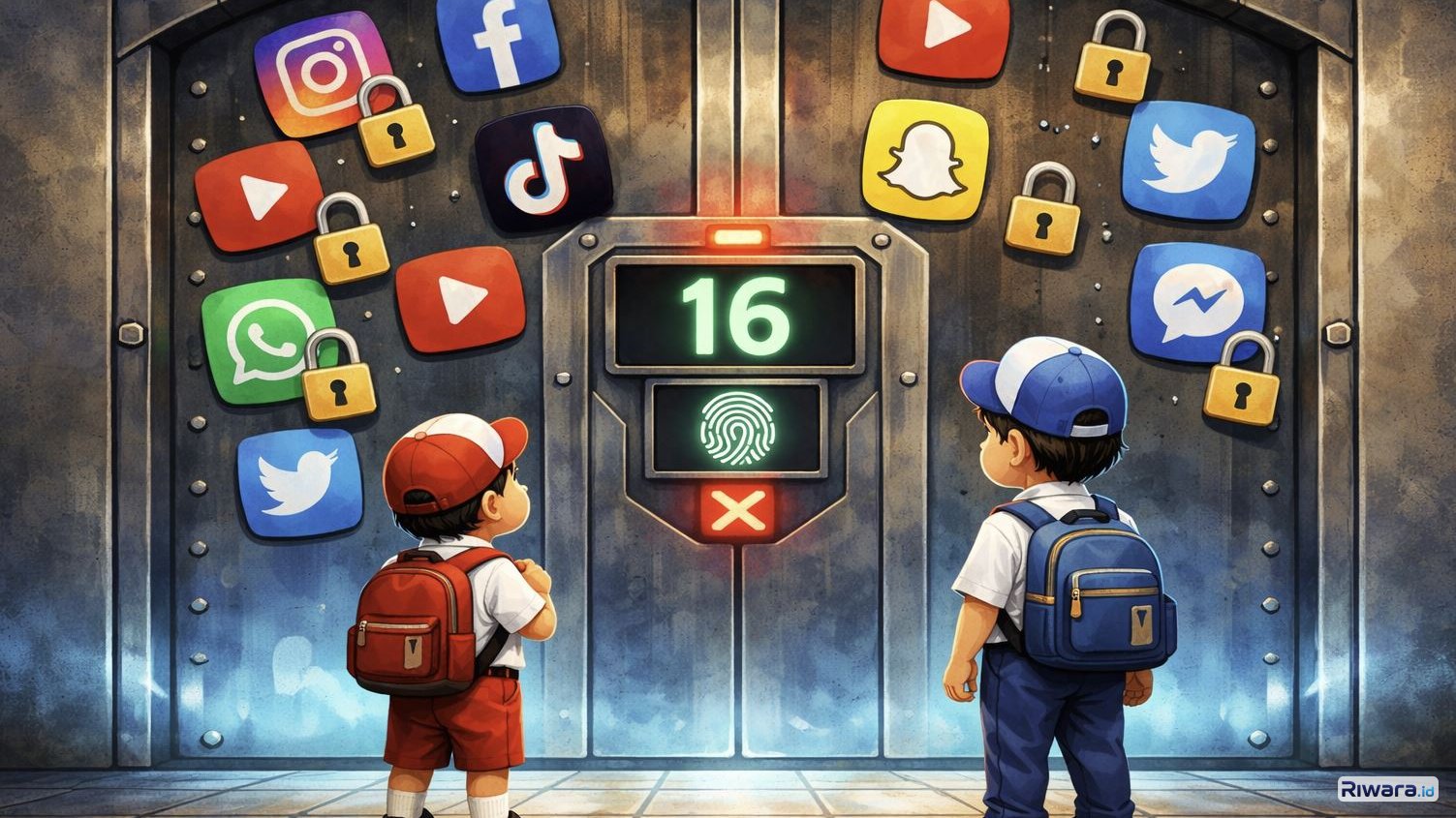 Ilustrasi pembatasan usia menggunakan medsos untuk anak Indonesia, dibuat dengan bantuan AI